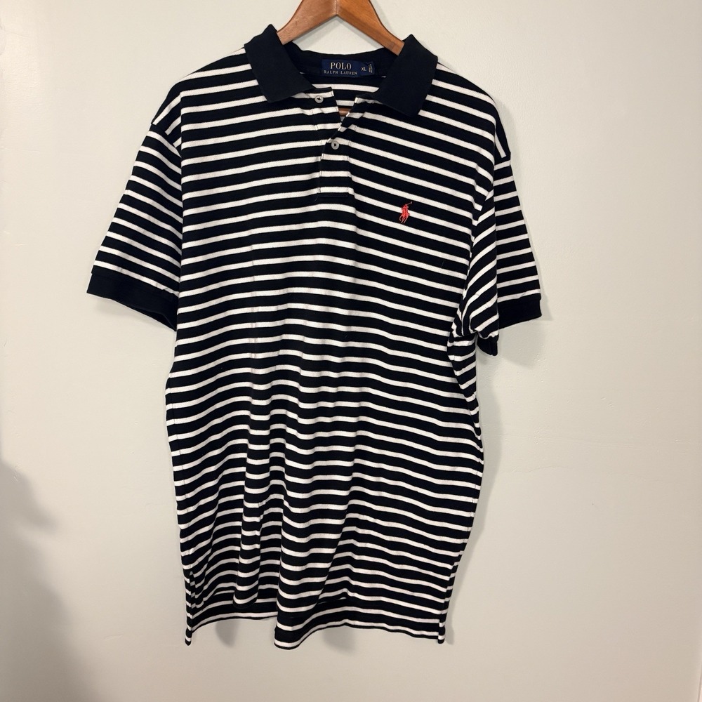 Polo by Ralph Lauren Black and White Striped Polo Shirt Men's XL Red Pony